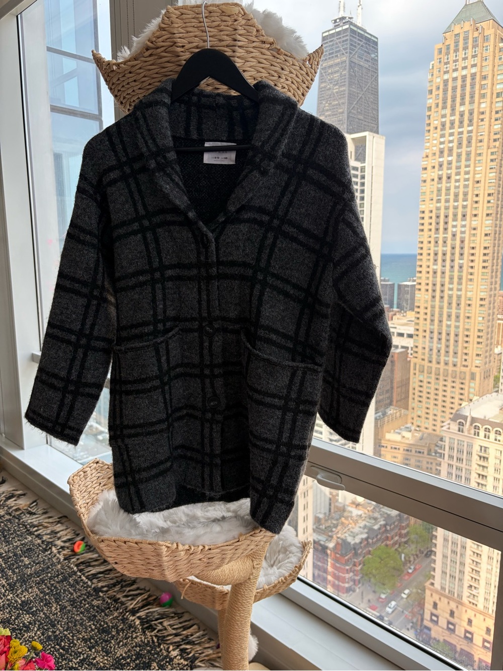 Zara Black & Charcoal Plaid Shawl-Collar Pea Coat